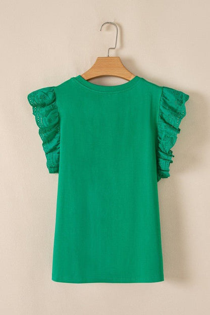 Eyelet Embroidered Ruffle Sleeve Crew Neck Top - Bitsy Gypsy Boutique