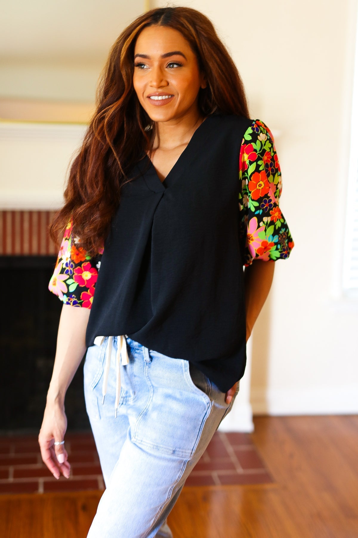 Eyes On You Black Floral Puff Sleeve V Neck Top - Bitsy Gypsy Boutique