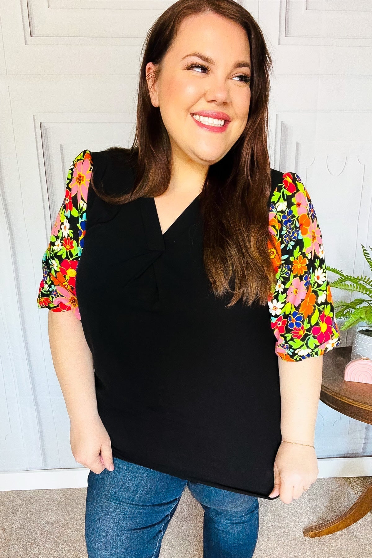 Eyes On You Black Floral Puff Sleeve V Neck Top - Bitsy Gypsy Boutique