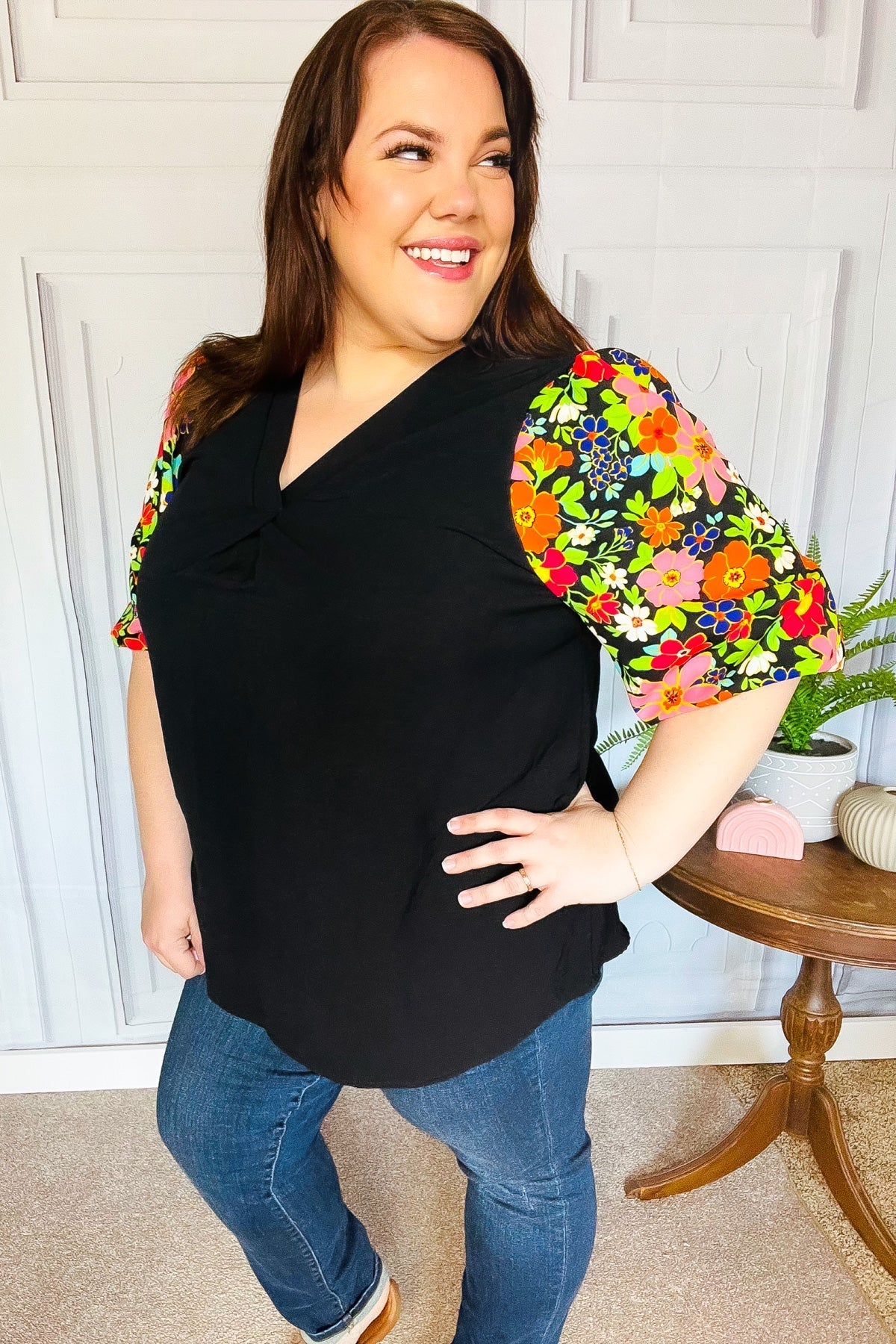 Eyes On You Black Floral Puff Sleeve V Neck Top - Bitsy Gypsy Boutique