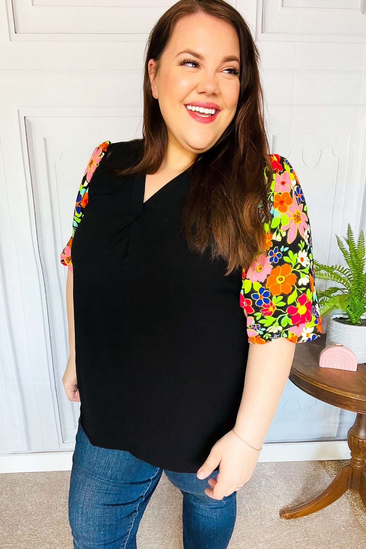 Eyes On You Black Floral Puff Sleeve V Neck Top - Bitsy Gypsy Boutique