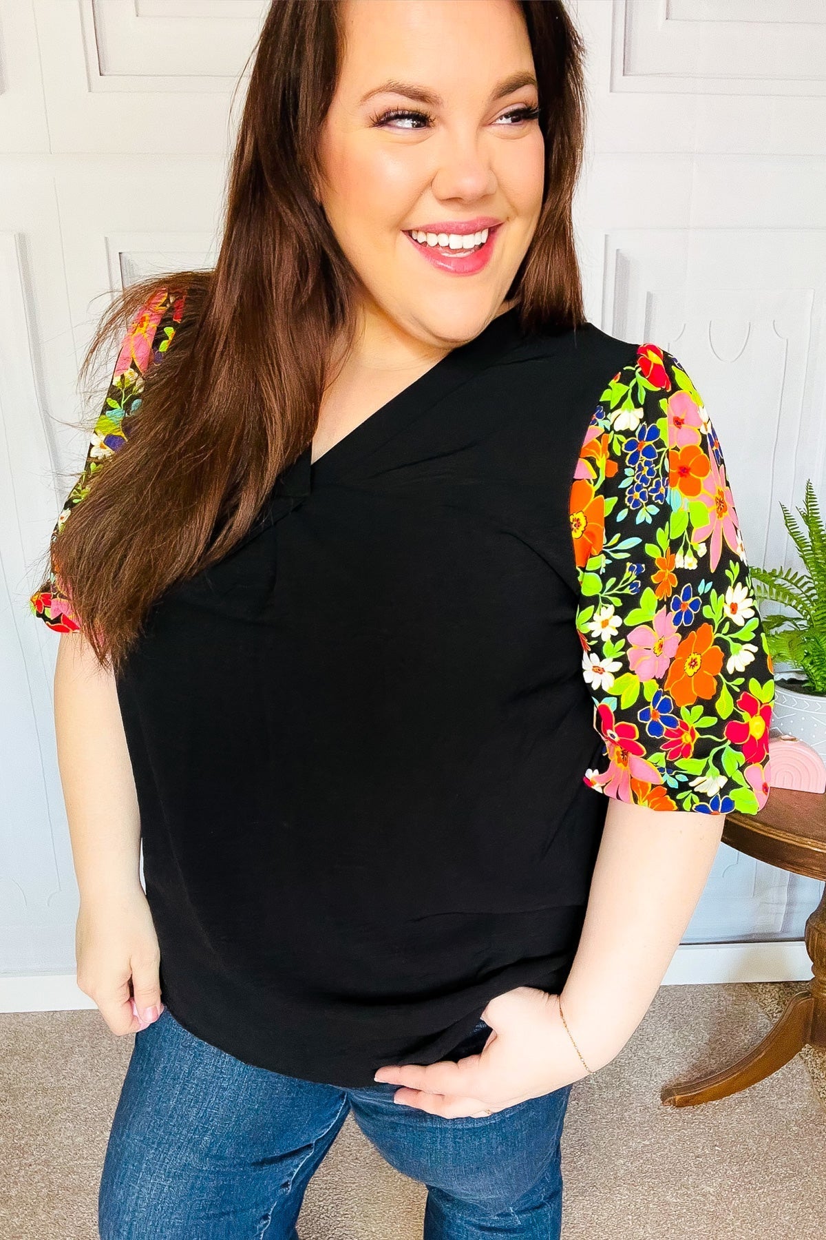 Eyes On You Black Floral Puff Sleeve V Neck Top - Bitsy Gypsy Boutique