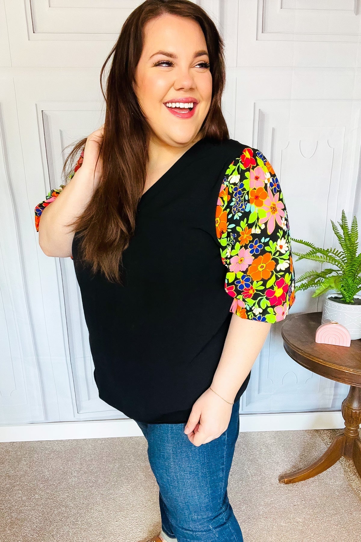 Eyes On You Black Floral Puff Sleeve V Neck Top - Bitsy Gypsy Boutique