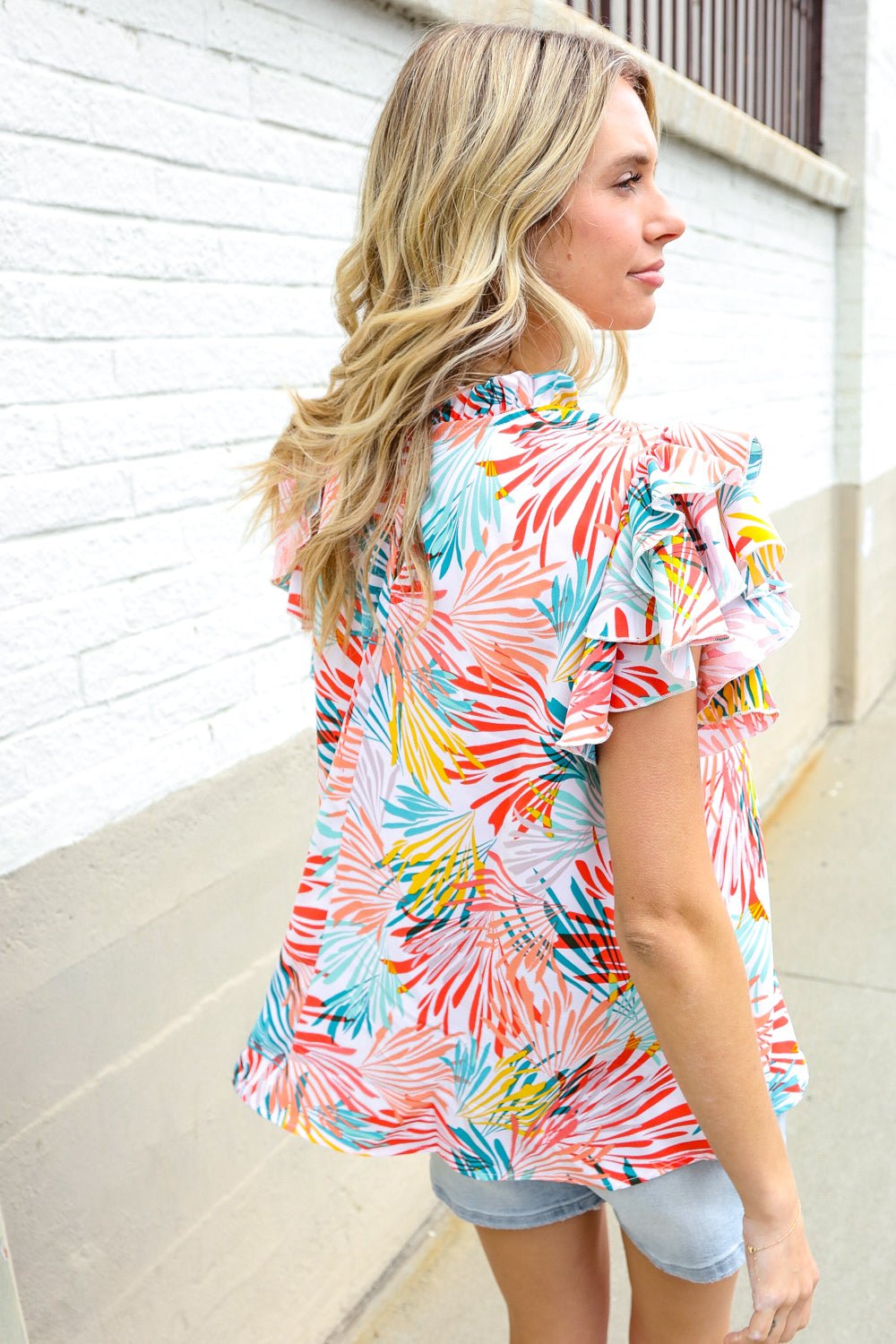 Eyes On You Ivory Abstract Print Frill Neck Double Flutter Sleeve Top - Bitsy Gypsy Boutique