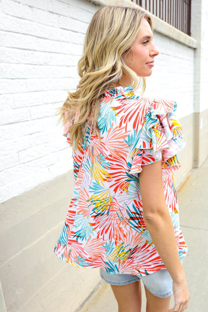 Eyes On You Ivory Abstract Print Frill Neck Double Flutter Sleeve Top - Bitsy Gypsy Boutique