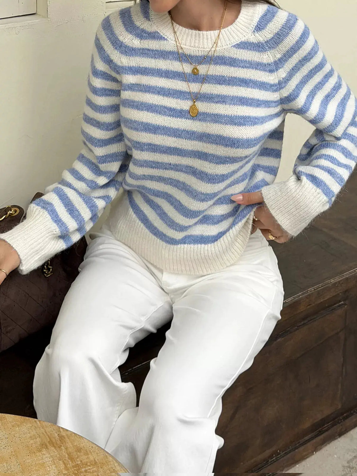 Striped Crew Neck Dropped Shoulder Sweater by Trendsi