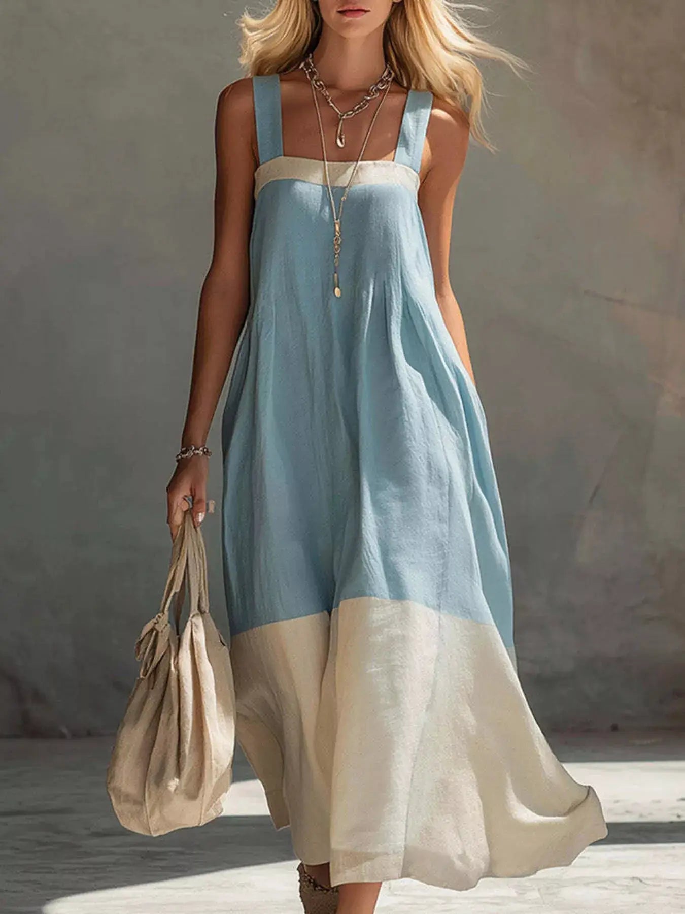 Color-Block Sleeveless Linen-Blend Midi Dress by Trendsi