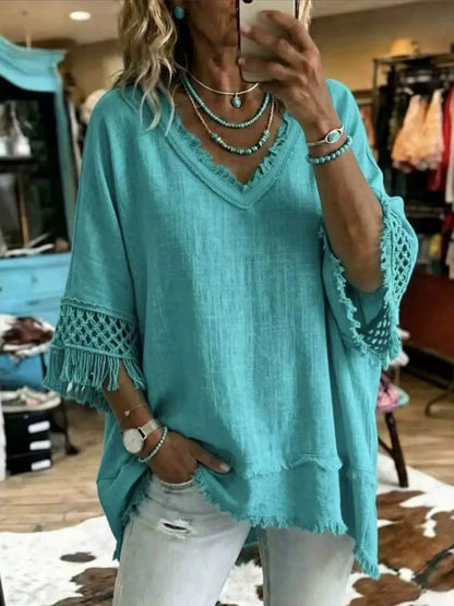 Full Size Fringe Trim V-Neck Loose Fit Blouse Plus Size by Trendsi