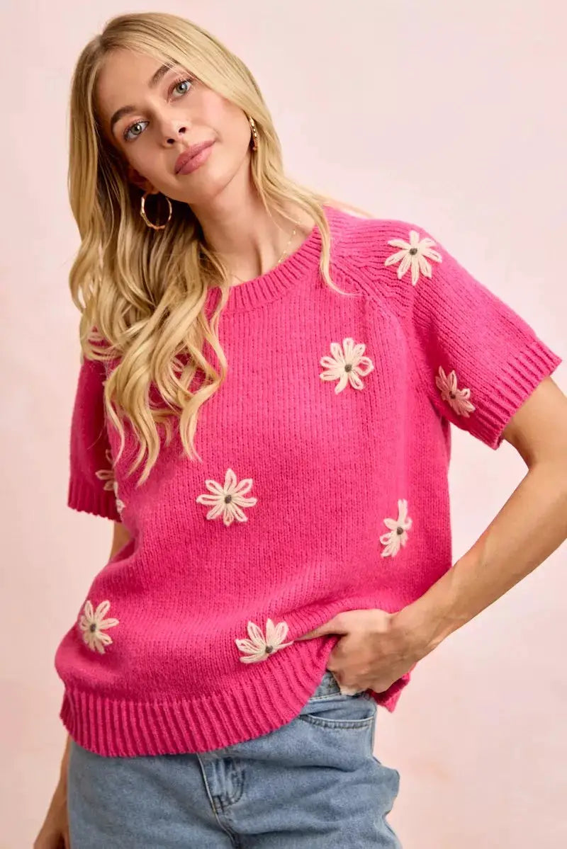 BiBi Flower Embroidered Short Sleeves Knit Top by Trendsi