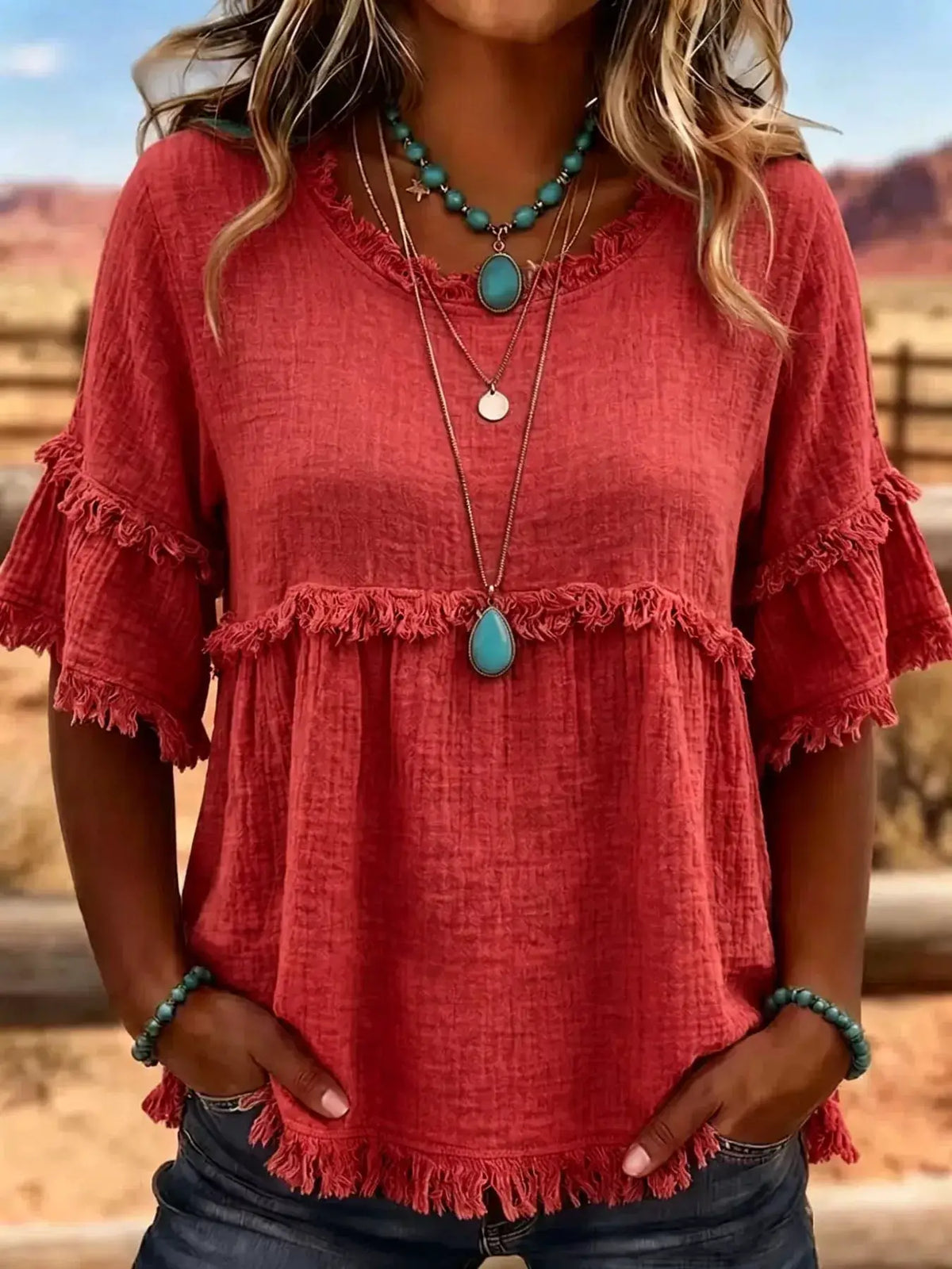 Full Size Frayed Edge Textured Blouse Plus Size by Trendsi