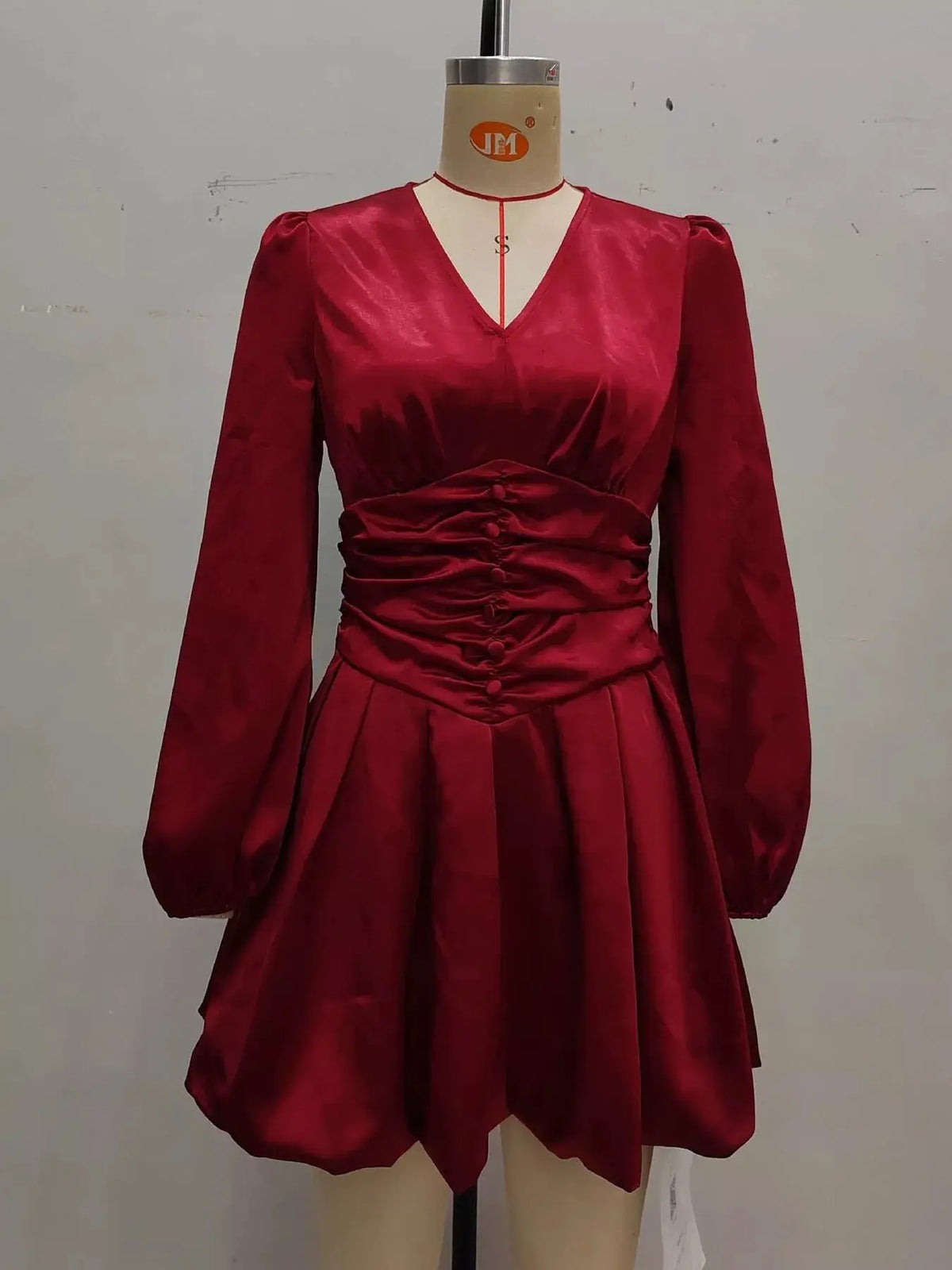 Ruched V-Neck Balloon Sleeve Dress by Trendsi