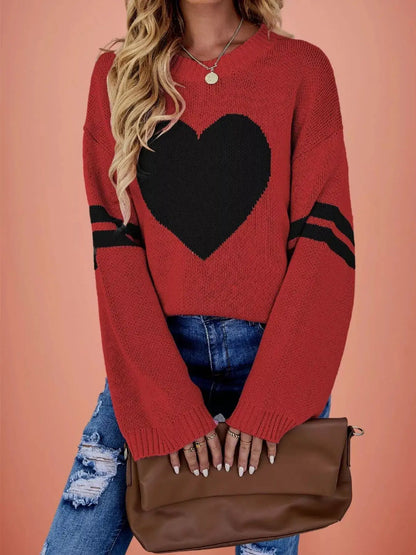 Heart Pattern Dropped Shoulder Sweater by Trendsi
