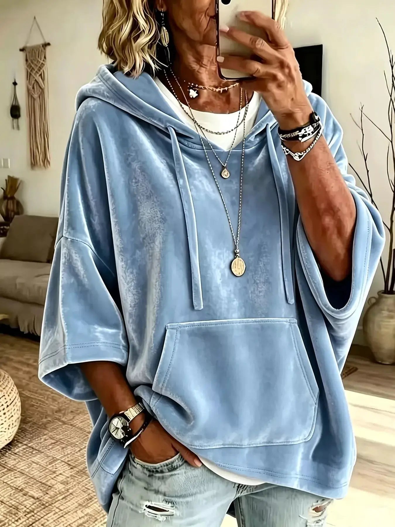 Full Size Velvet 3/4 Sleeve Hoodie with Kangaroo Pocket Plus Size by Trendsi