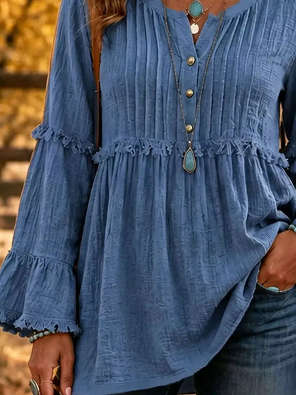 Full Size Frill Notched Long Sleeve Blouse Plus Size by Trendsi
