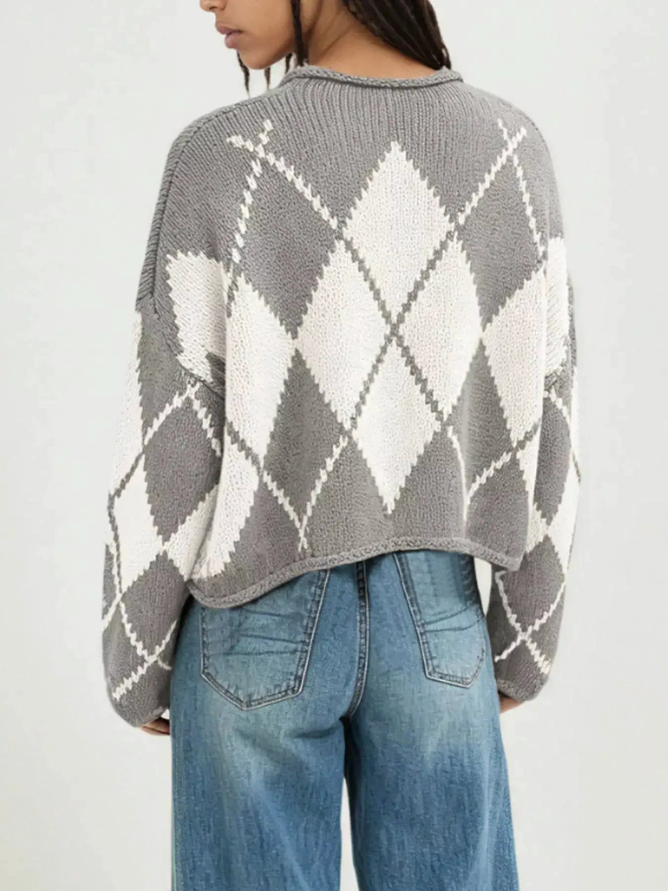 Argyle Pattern Knit Dropped Shoulder Sweater by Trendsi