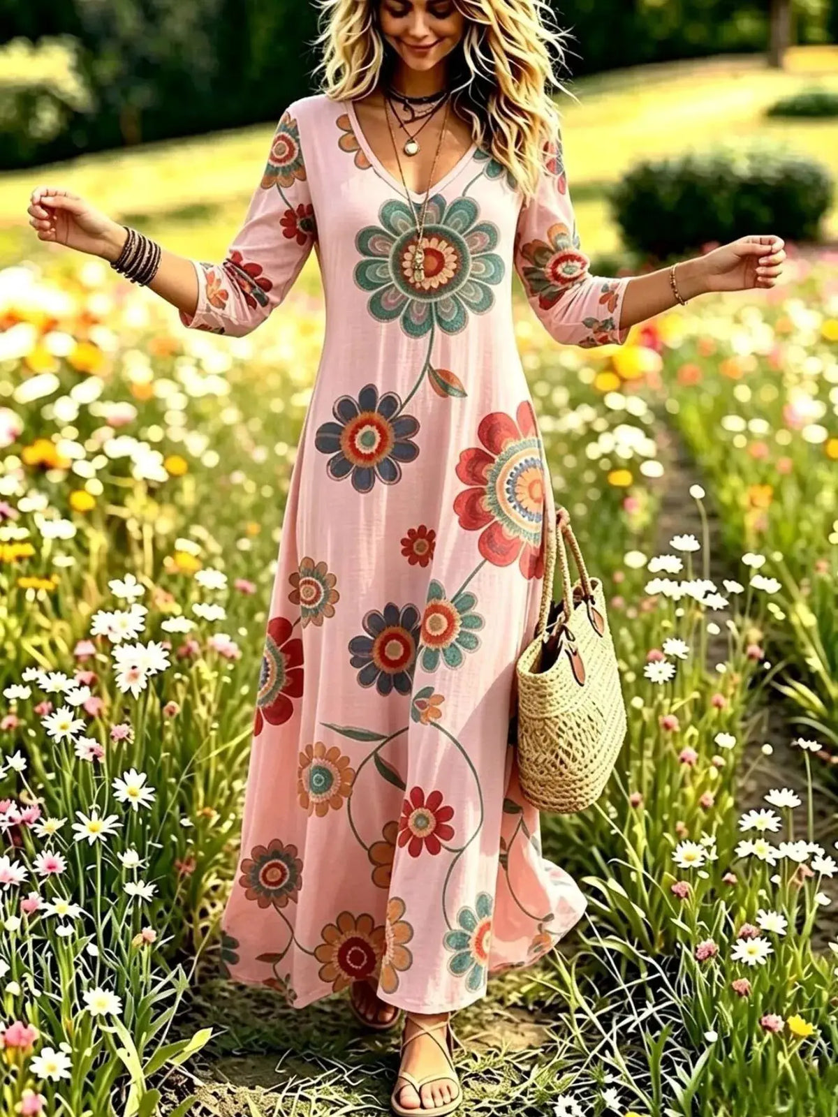 Floral Print V-Neck Long Sleeve Maxi Dress by Trendsi