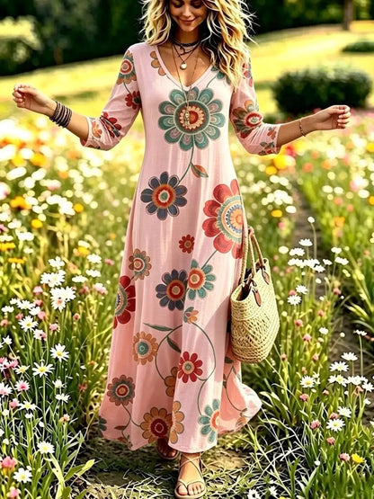 Floral Print V-Neck Long Sleeve Maxi Dress by Trendsi
