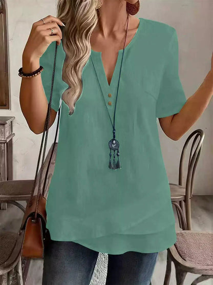 Notched Short Sleeve Blouse by Trendsi