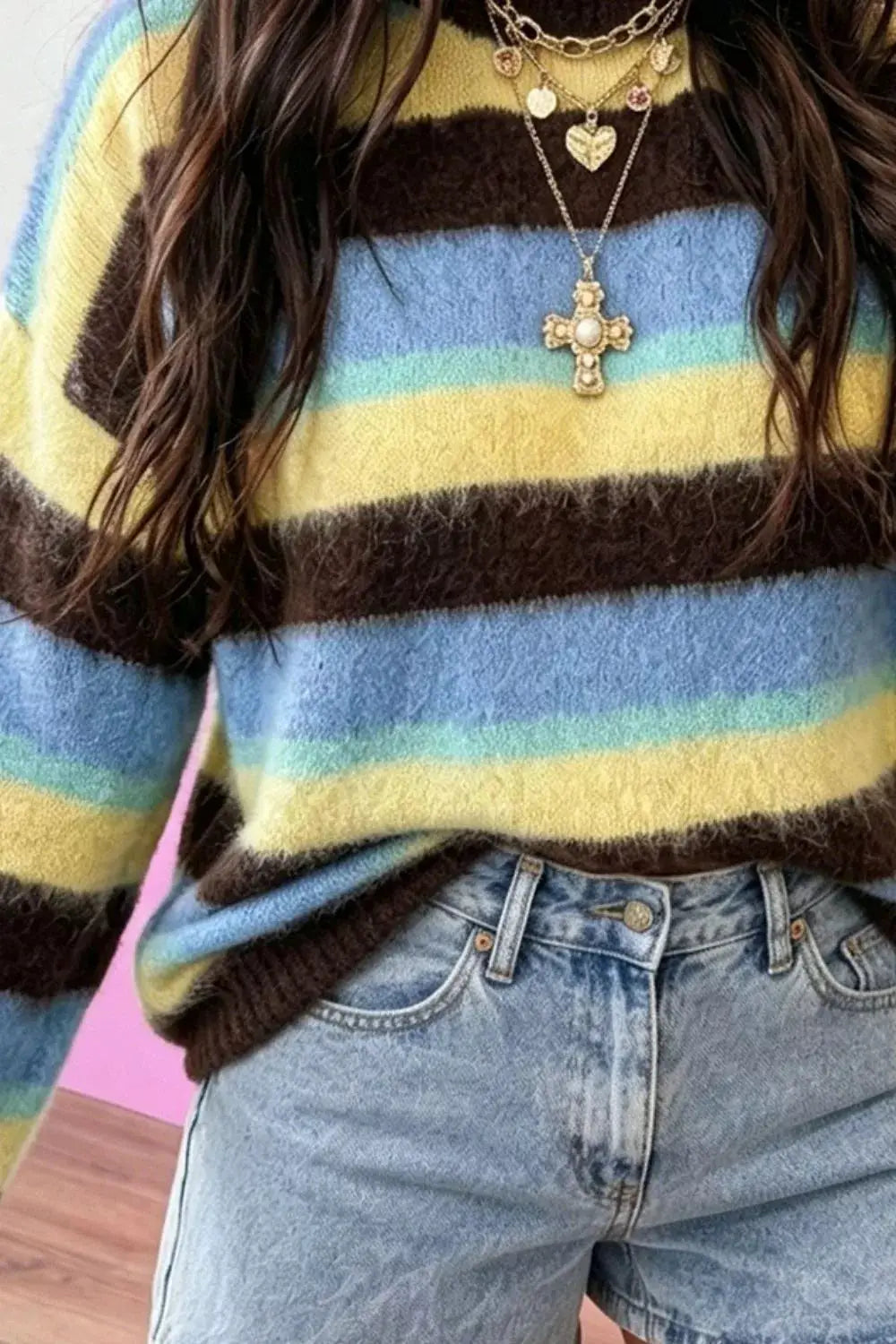 Striped Fuzzy Dropped Shoulder Sweater by Trendsi