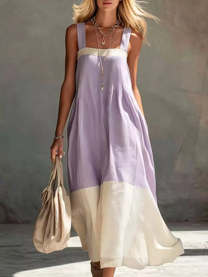 Color-Block Sleeveless Linen-Blend Midi Dress by Trendsi