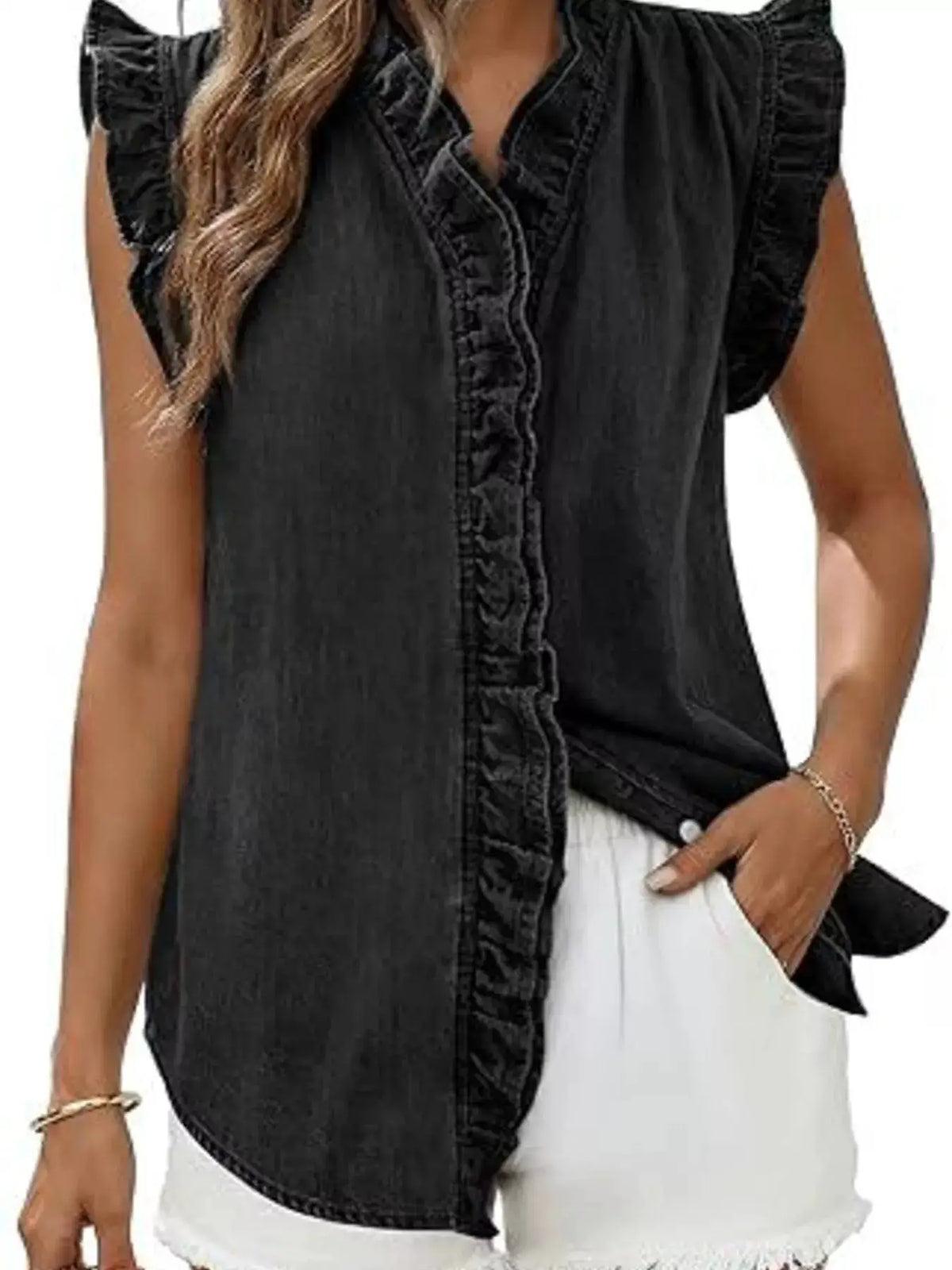 Ruffle Trim V-Neck Sleeveless Denim Top by Trendsi