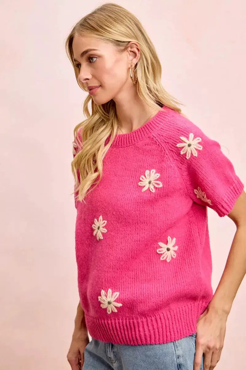 BiBi Flower Embroidered Short Sleeves Knit Top by Trendsi
