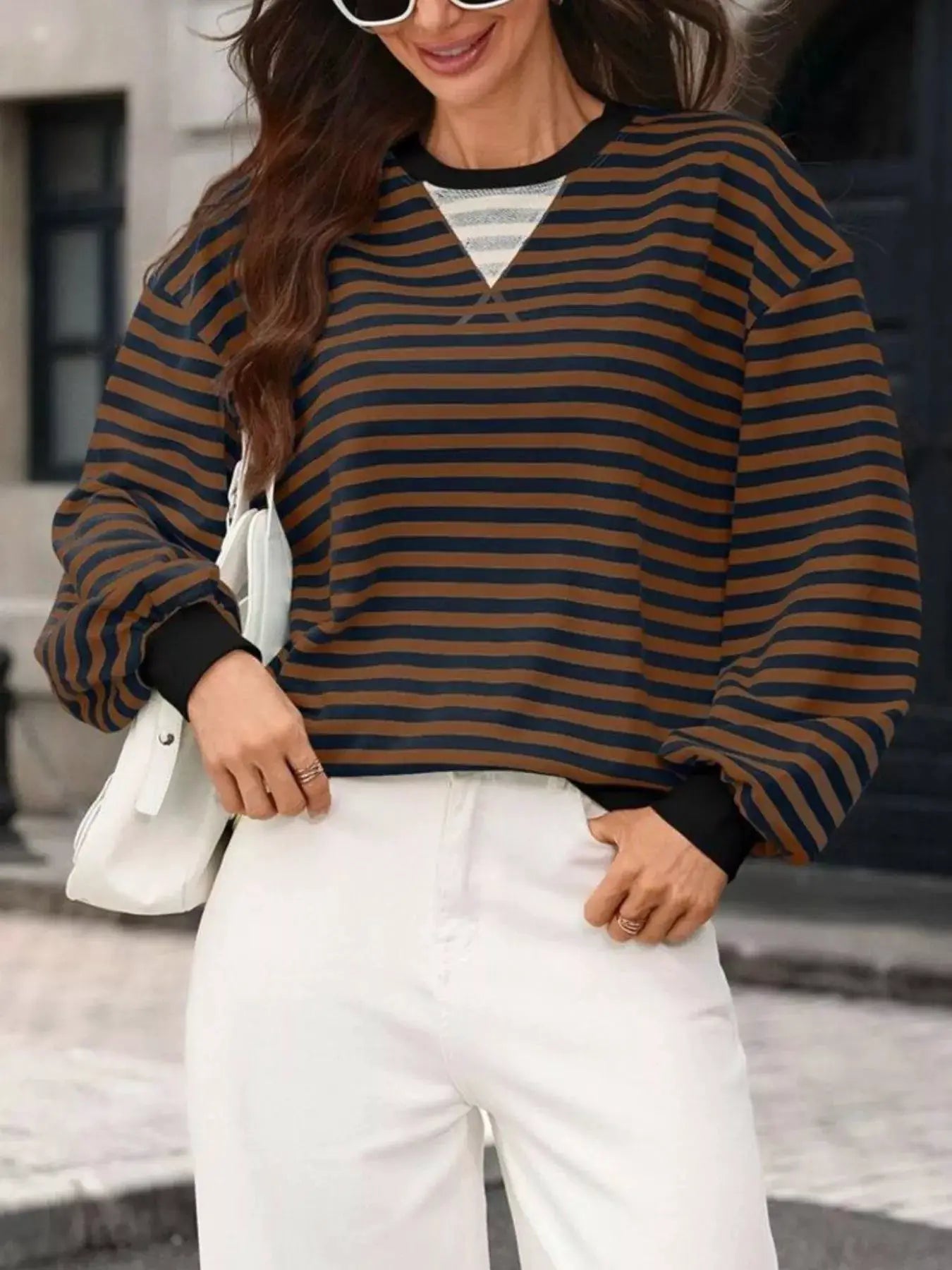 Contrast Trim Striped Crew Neck Sweatshirt by Trendsi