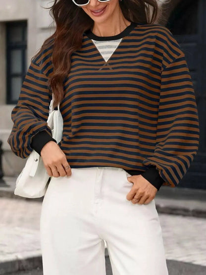 Contrast Trim Striped Crew Neck Sweatshirt by Trendsi