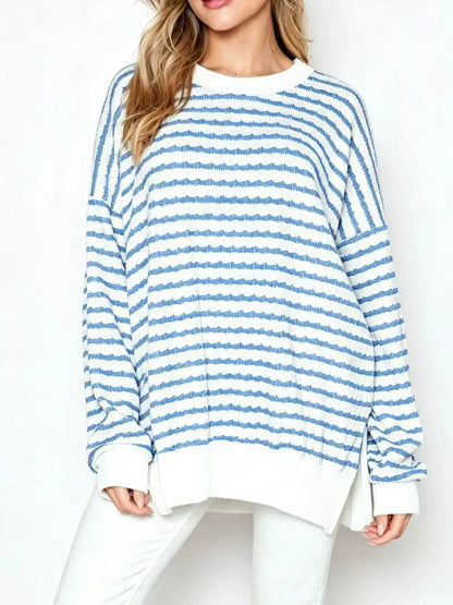 Oversized Striped Crew Neck Sweatshirt by Trendsi