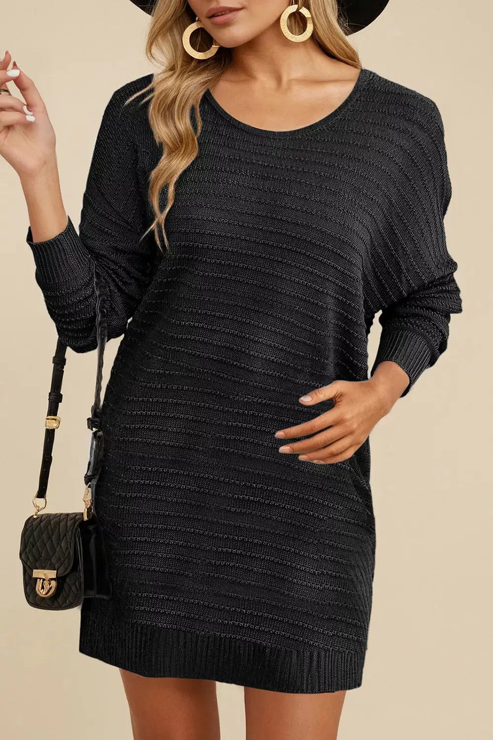 Solid Color Raised Rib Knit Dolman Sleeve Shift Sweater Dress by Trendsi
