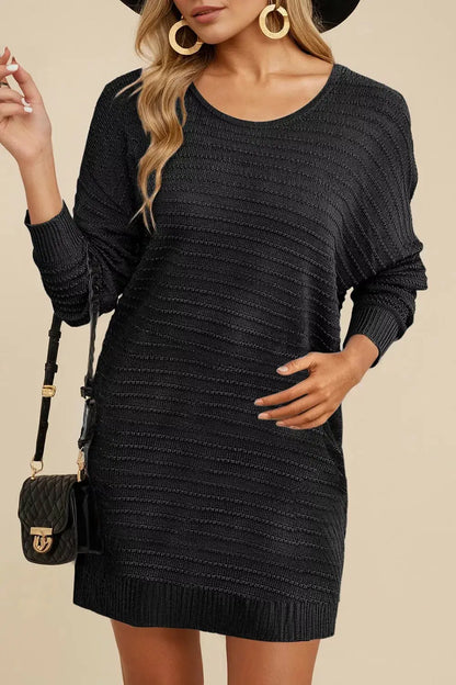 Solid Color Raised Rib Knit Dolman Sleeve Shift Sweater Dress by Trendsi