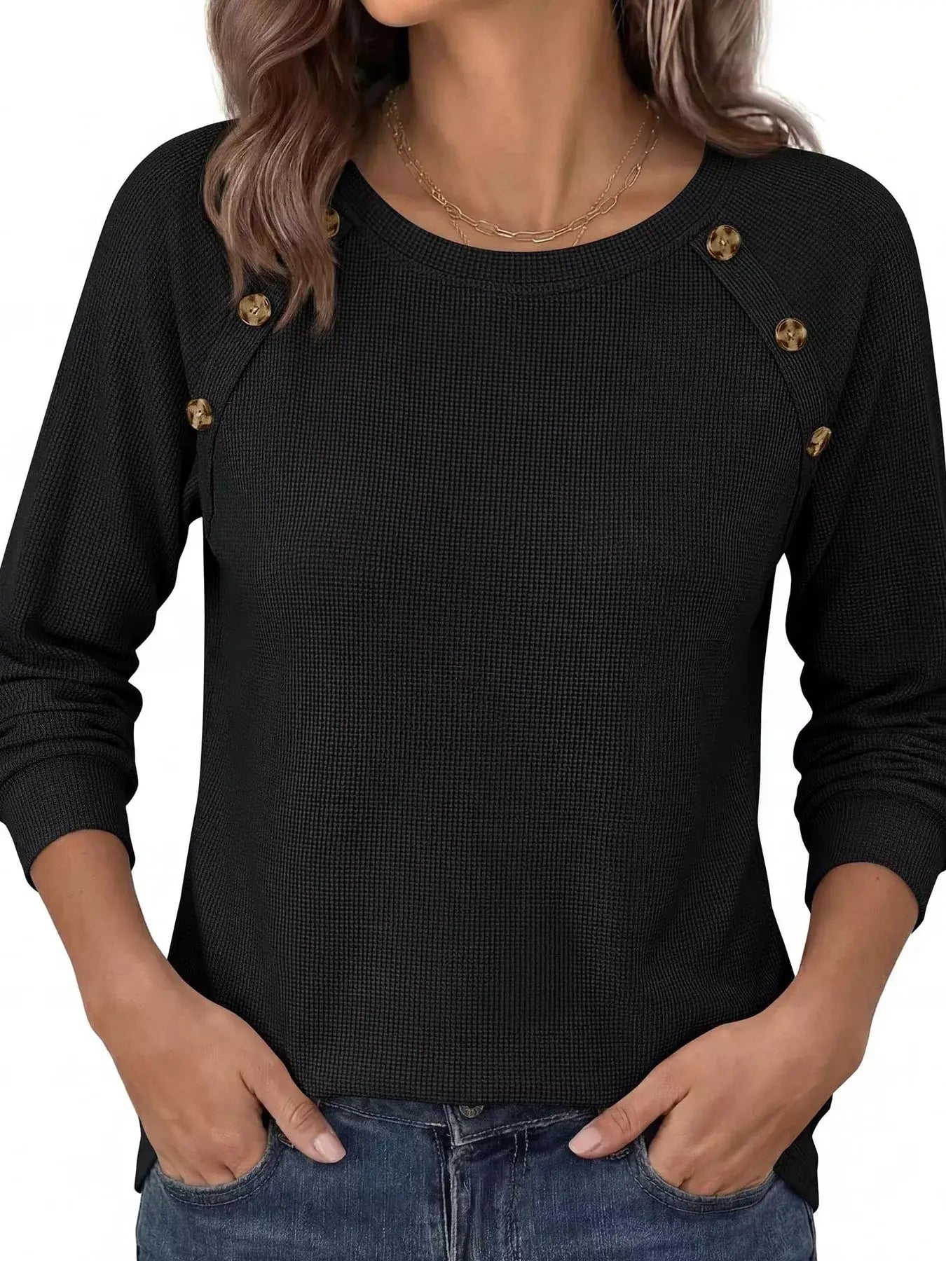Decorative Button Waffle Knit Long Sleeve T-Shirt by Trendsi