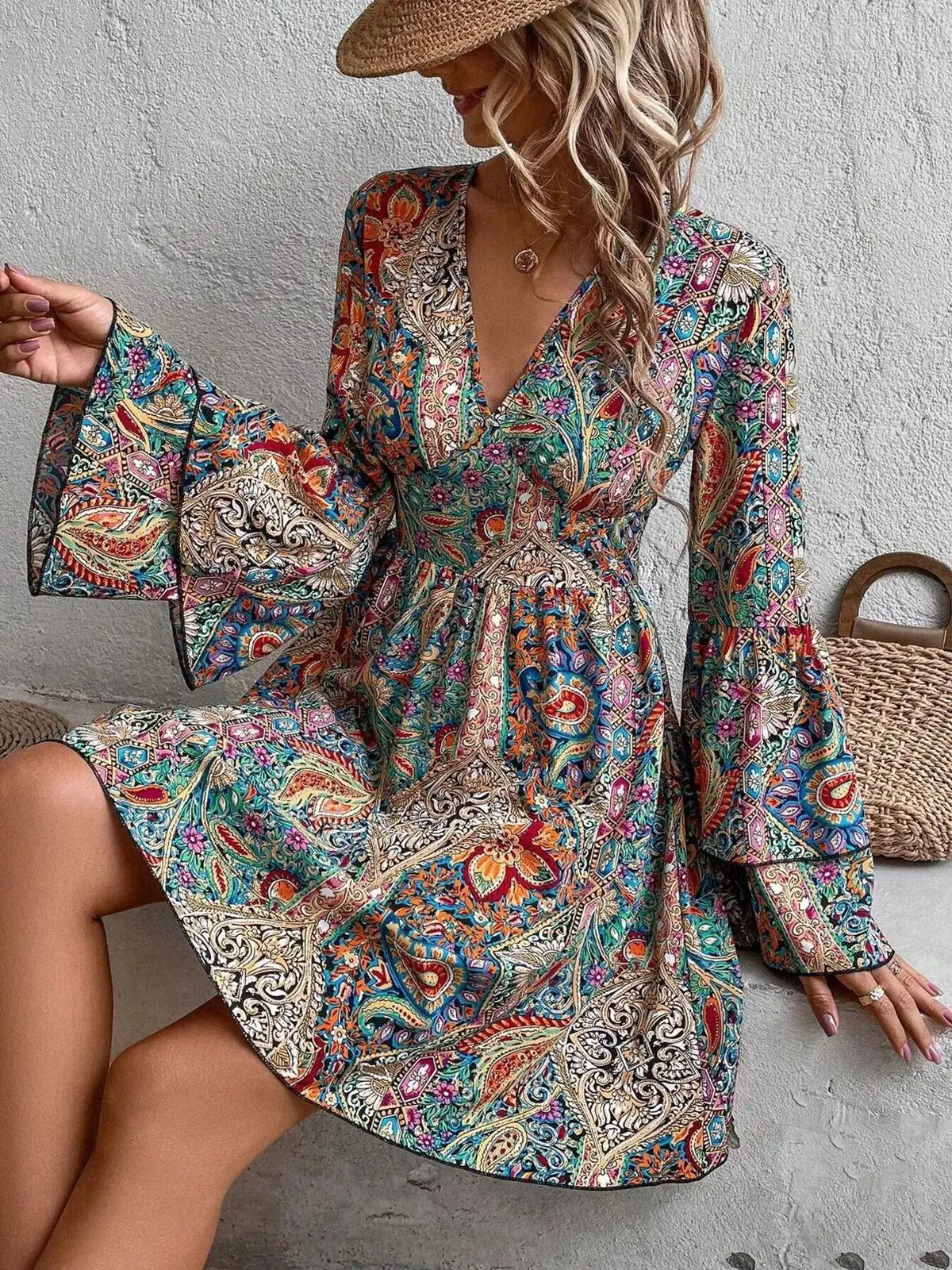 Paisley Print V-Neck Bell Sleeve Mini Dress by Trendsi