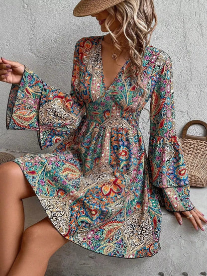 Paisley Print V-Neck Bell Sleeve Mini Dress by Trendsi