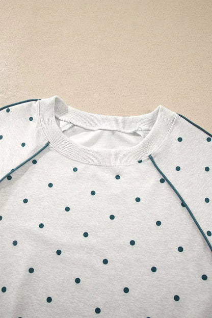 Polka Dot Print Piping Trim 3/4 Sleeve Relaxed Top by Trendsi