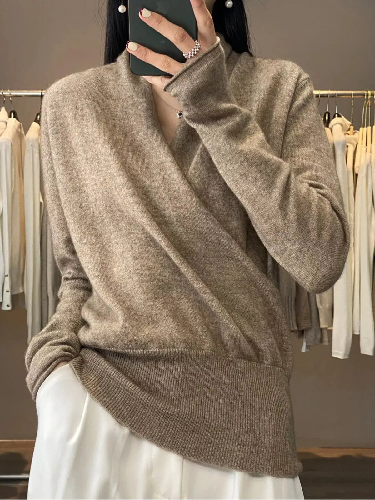 Wrap-Front Long Sleeve Sweater by Trendsi