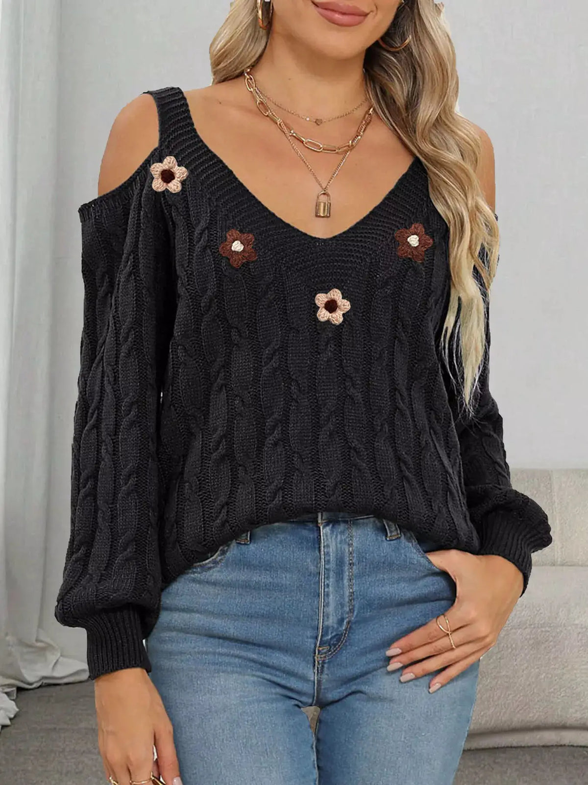 Floral Applique Cold Shoulder Cable Knit Sweater by Trendsi