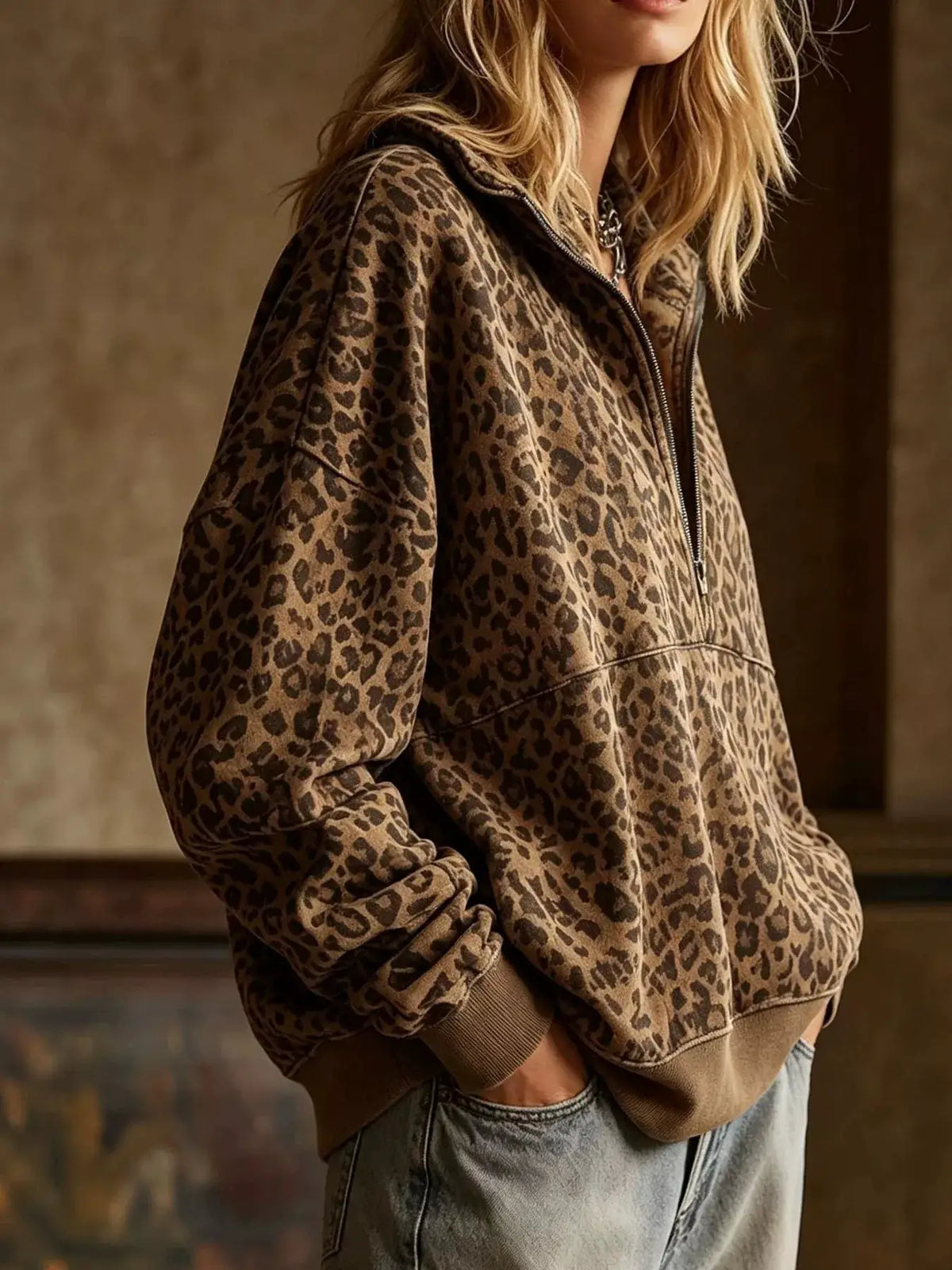 Leopard Half Zip Oversized Sweatshirt by Trendsi