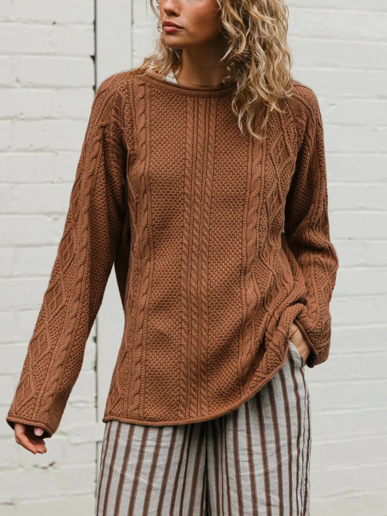 Crew Neck Cable-Knit Sweater by Trendsi