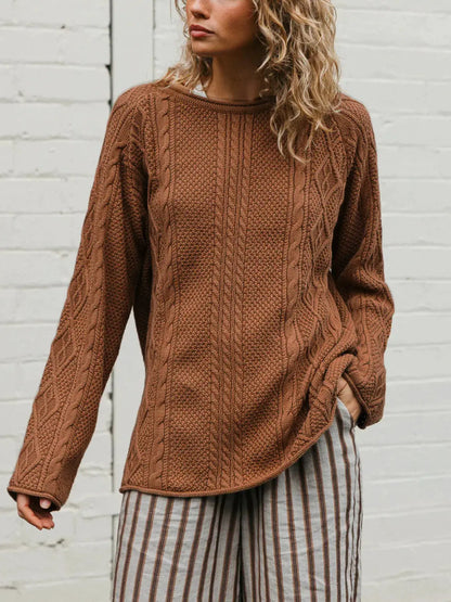 Crew Neck Cable-Knit Sweater by Trendsi