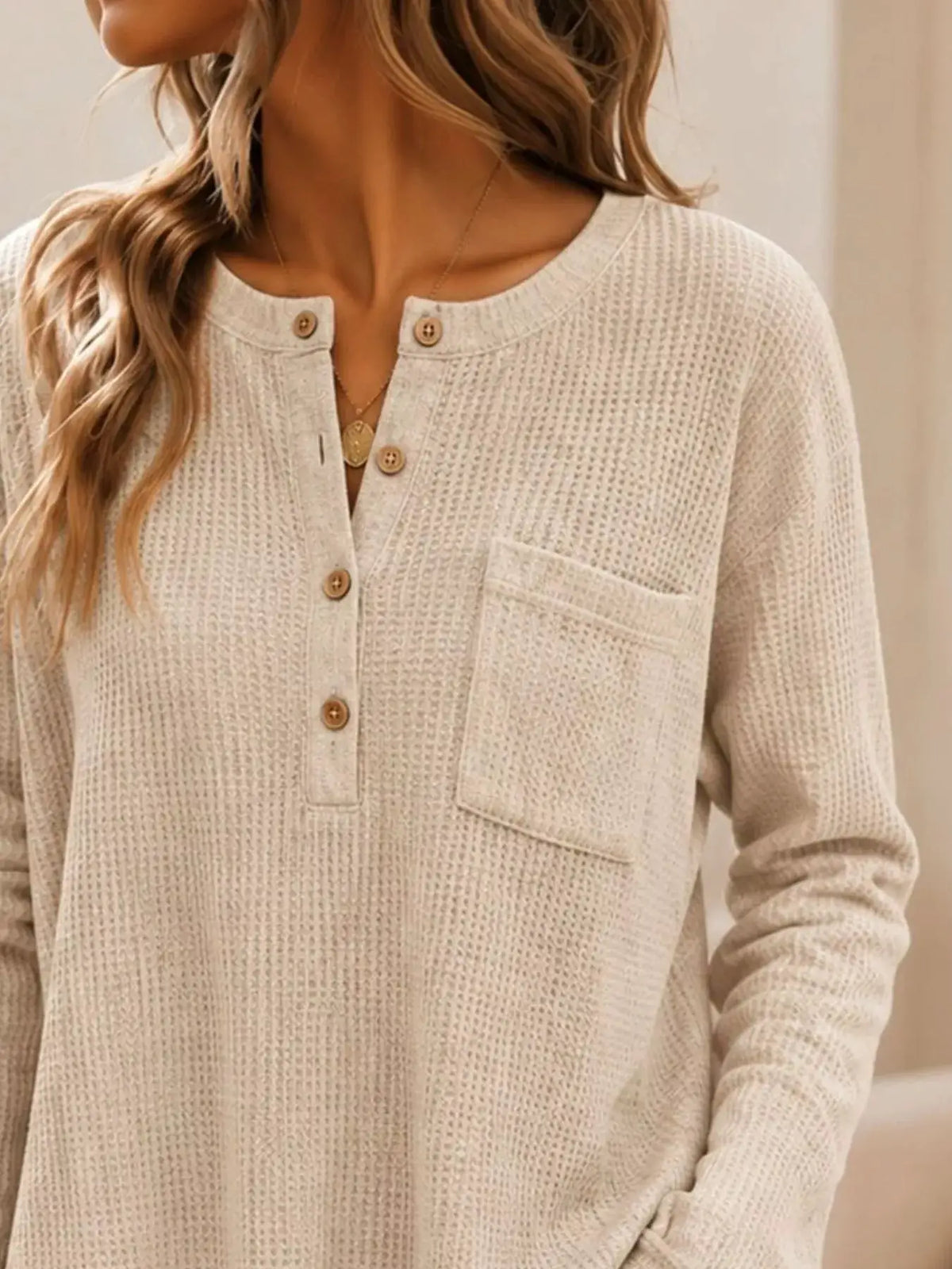 Waffle Knit Button Detail Top by Trendsi