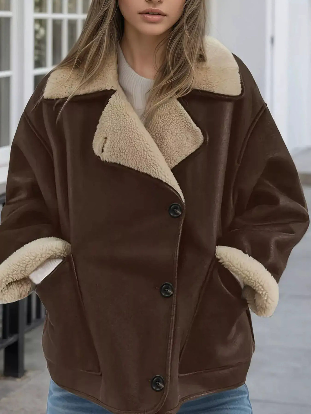Sherpa Lined Button Down Outerwear by Trendsi