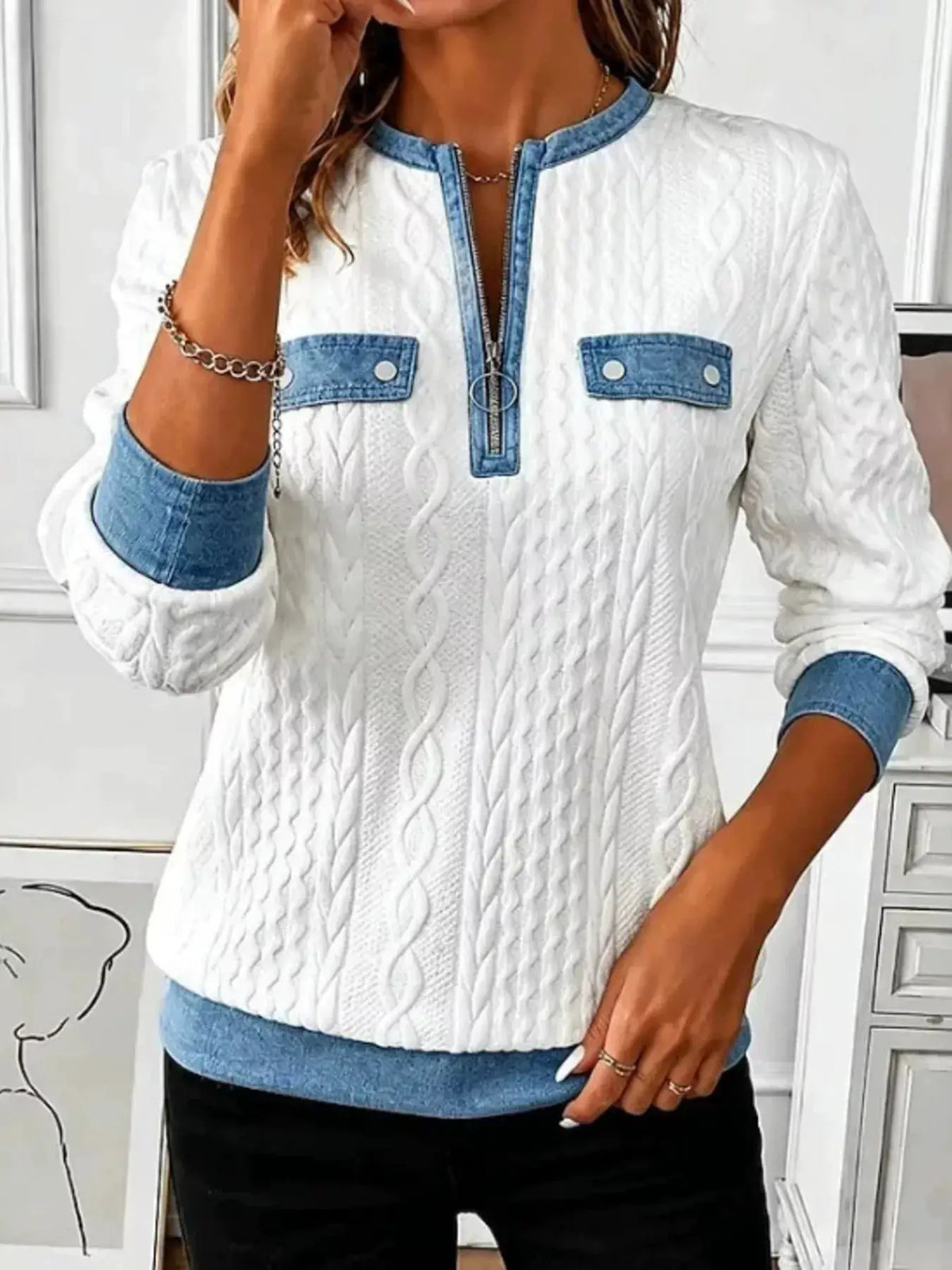 Full Size Denim Contrast Trim Quarter Zip Texture Sweatshirt Plus Size by Trendsi