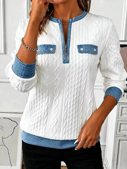 Full Size Denim Contrast Trim Quarter Zip Texture Sweatshirt Plus Size by Trendsi