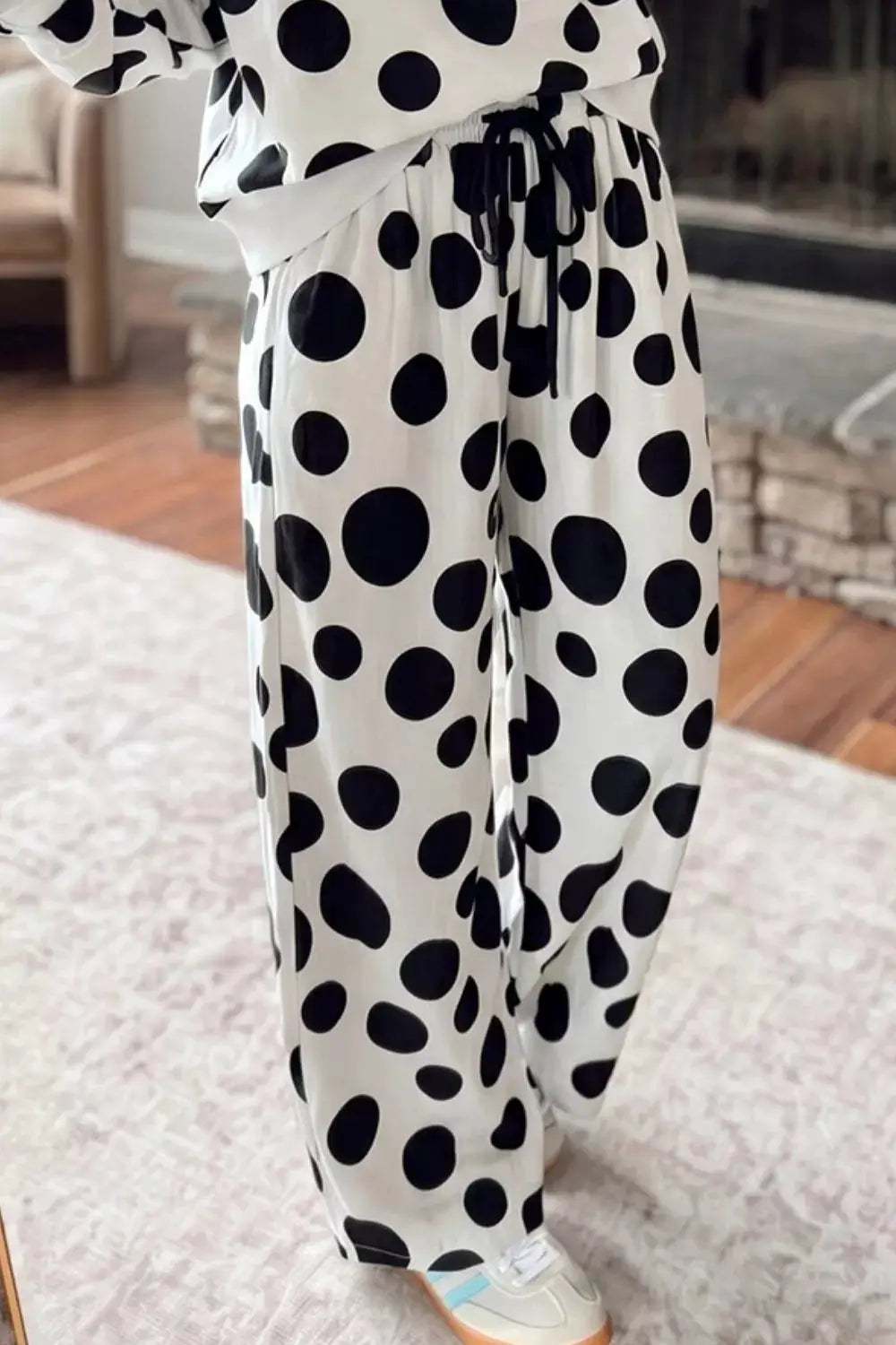 Polka Dot Print Long Sleeve Top and Wide Leg Pants Set by Trendsi