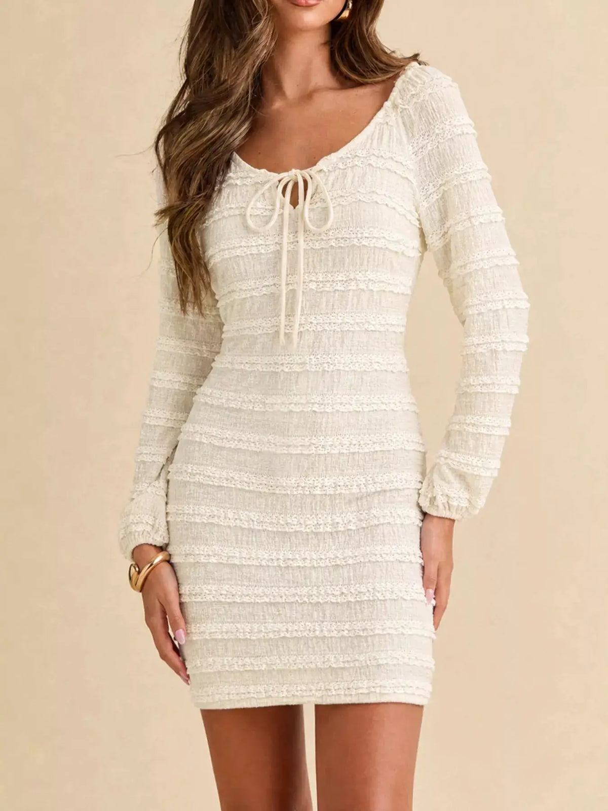 Textured Long-Sleeve Bodycon Mini Dress with Tie-Front by Trendsi