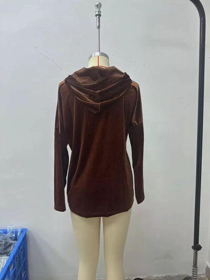 Velvet Front Pockets Hoodie by Trendsi