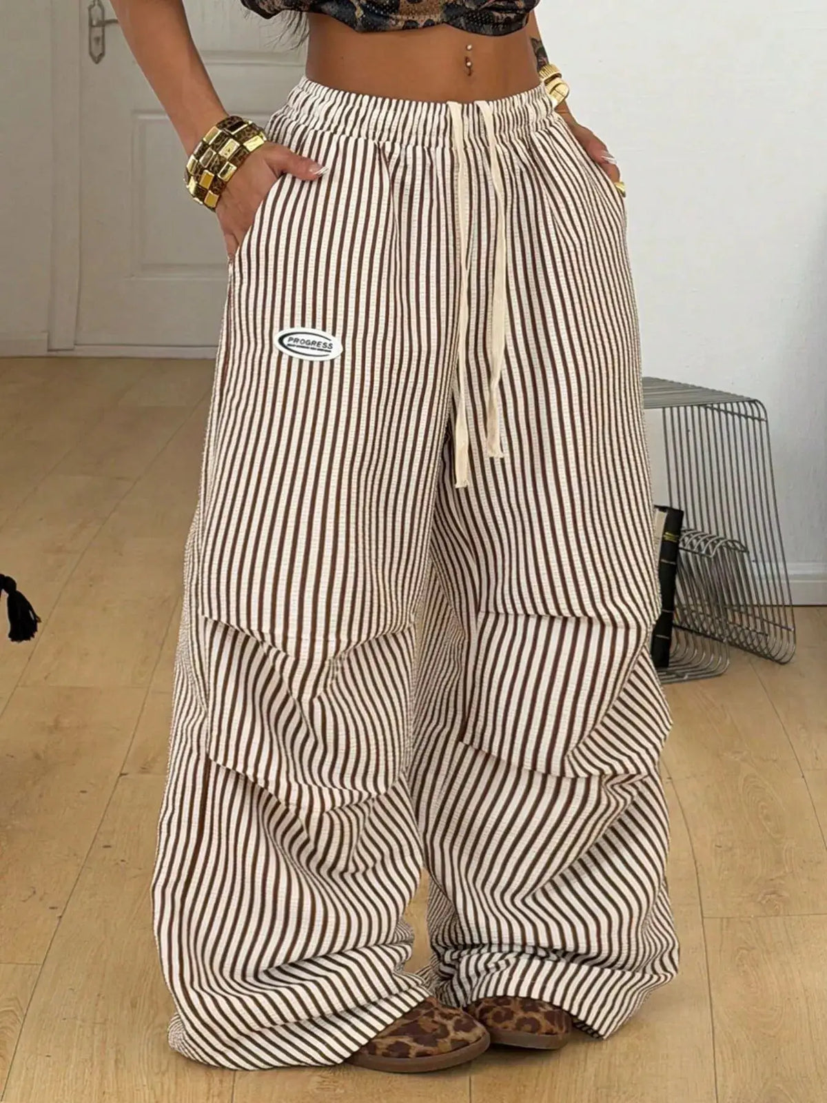 High-Waisted Striped Wide-Leg Cargo Pants with Drawstring by Trendsi