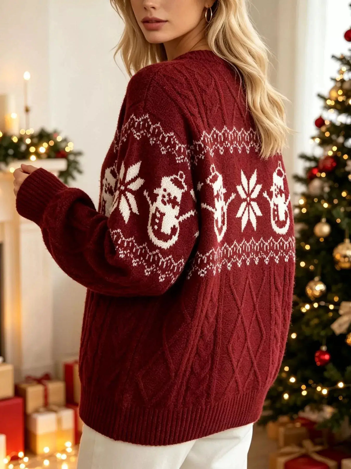 Christmas Snowman Pattern Cable Knit Sweater by Trendsi