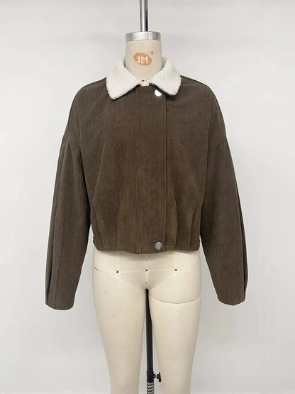 Contrast Sherpa Collar Corduroy Zip Up Jacket by Trendsi